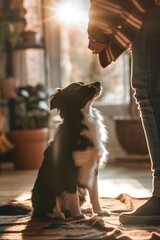 Owner trains obedient dog at home, fostering friendship and love between people and canine companion