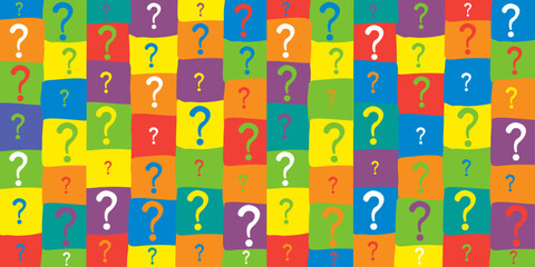 Seamless background with question signs. Too Many Questions. Quiz Background. AQ button. Asking questions. Ask for help. Closeup. Horizontal banner.  Vector illustration 