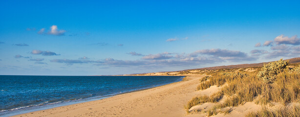 Panorama of the lonely, deserted and remote beach at Yardie Creek, Cape Range National Park, Ningaloo Coast World Heritage Area, Western Australia

