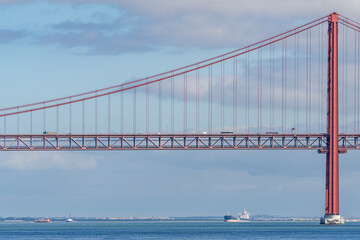 Close-up of 25 de Abril Bridge over the Tagus River in Lisbon, Portugal