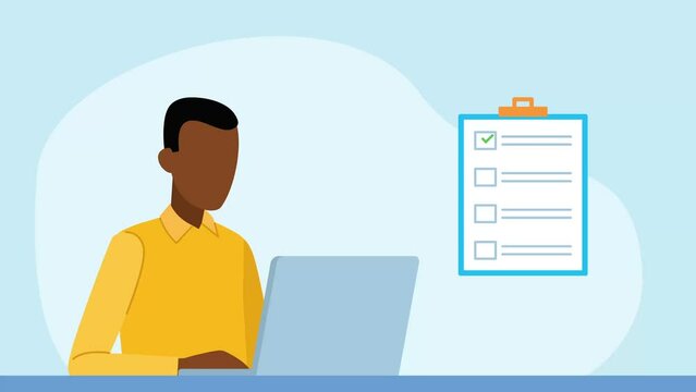 Animation of a man working on a laptop with a questionnaire appearing next to it. The questionnaire is completed and a thumbs up and five stars appear. Flat design video clip.