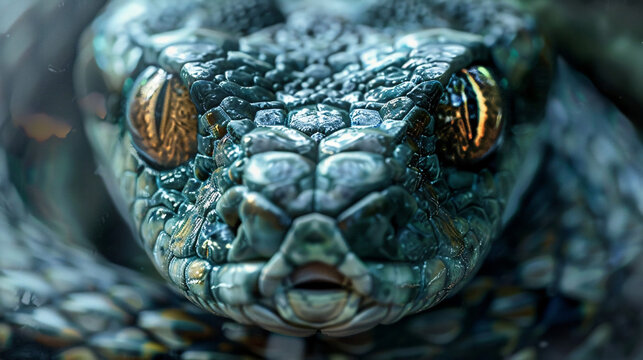 A close-up of a snake's head with intricate scales and piercing eyes