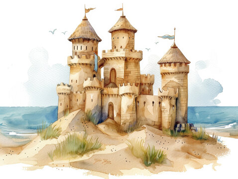 watercolor sandcastle on beach with flags clip art preview