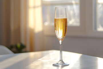 a glass of champagne sits on a table with the sun shining through it
