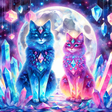 Crystal Cats: a blue and a pink one in front of a full mooon, watercolour