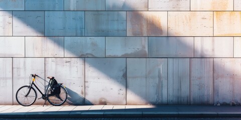 Minimalistic composition: A creative and eye-catching image of a bicycle leaning against a building, with a bag on the seat. The silhouette of the bicycle is used to create an abstract and minimalis