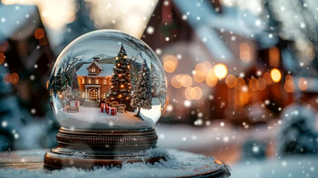 snow globe kept on white table, blurred in white snow with landscape home Christmas, christmas time, winter, snow falling. seamless looping time-lapse virtual 4k video animation