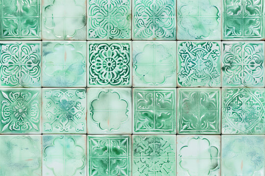 sfondo pattern di mattonelle verde vintage grunge con motivi ornamentali antichi maiolica per rivestimento bagno o cucina