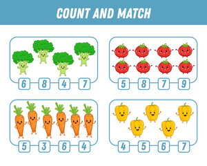 Education game for children count and match of cute cartoon vegetables, printable worksheet. Funny broccoli, tomato,carrot,pepper. Vector