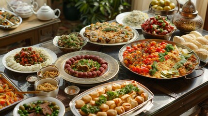 A beautifully arranged Iftar party table filled with an assortment of traditional dishes