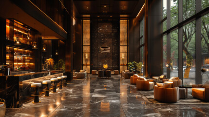 Stylish and luxurious design of the hotel lobby and reception. Modern interior of the hall with reception, black marble, brown furniture with a glass facade.