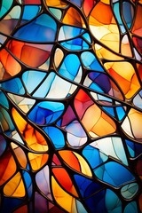 Colorful abstract shapes on stained glass, wide angle, vibrant backlighting