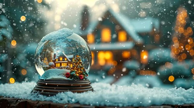 snow globe kept on white table, blurred in white snow with landscape home Christmas, christmas time, winter, snow falling. seamless looping time-lapse virtual 4k video animation