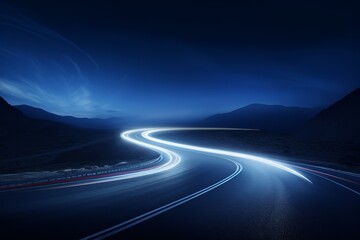 Curved highway under starry sky, long exposure, car lights blur into ribbons, ground level, tranquil mood.