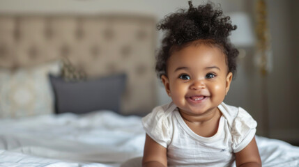 Portrait of a little happy African American woman lying on the bed. A smiling child looks at the camera and has fun on a snow-white bed. Childhood concept.