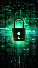 Digital padlock on a computer screen, symbol of cybersecurity, glowing icons background