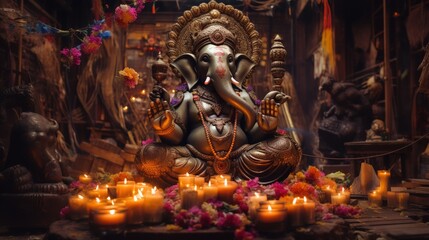 Ganesha seated, elaborate backdrop, rich colors, festive lights, traditional attire