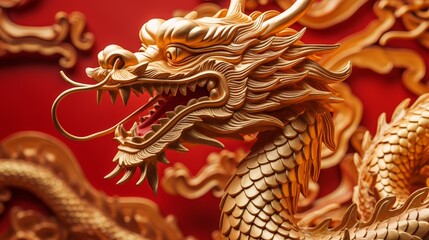 Golden Chinese dragon on red background, close-up, vibrant and glossy