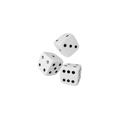 Three game dice falling realistic 3d vector icon, white cubes with black dots, gambling games casino, craps board game