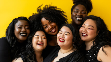 Fototapeta premium Portrait of multiethnic plus size women having fun on yellow background. A group of girlfriends in stylish clothes are smiling and posing outdoors. Lifestyle.