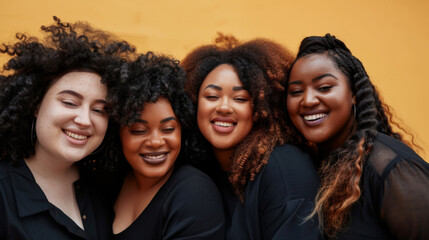 Obraz premium Portrait of multiethnic plus size women having fun on yellow background. A group of girlfriends in stylish clothes are smiling and posing outdoors. Lifestyle.