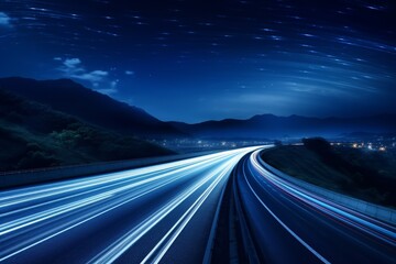 Highway under starry sky, long exposure, vibrant banner ads, dynamic lines