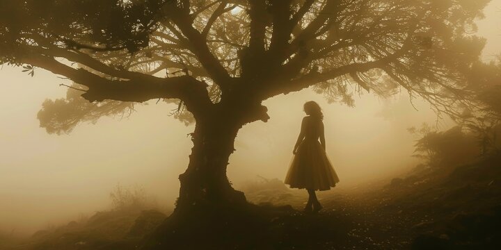 Minimalistic composition: Mystical backround.Silhouette of a large laurel tree and a woman in a dress under it in a very soft golden light shinning through the tree in a thig fog in the Fanal forest