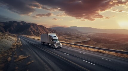 Lone truck on empty highway, wide angle, dusk, serene landscape