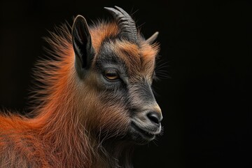 Fototapeta premium Mystic portrait of Pygmy Goat, copy space on right side, Anger, Menacing, Headshot, Close-up View isolated on black background