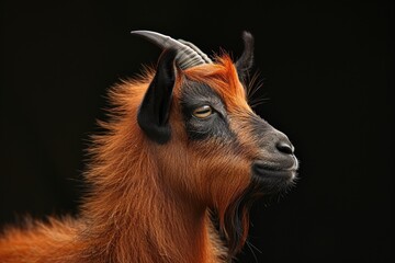 Mystic portrait of Pygmy Goat, copy space on right side, Anger, Menacing, Headshot, Close-up View isolated on black background