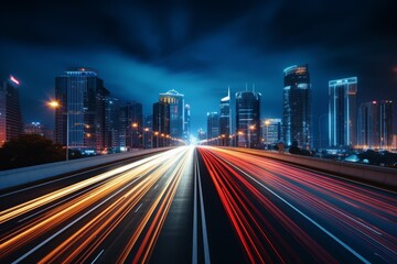 Fototapeta premium Long exposure night shot of a bustling highway, streaks of car lights, distant city glow, soft focus, wide angle.