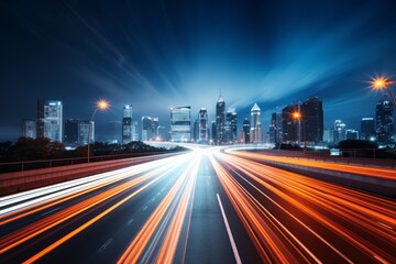 Fototapeta premium Long exposure night shot of a bustling highway, streaks of car lights, distant city glow, soft focus, wide angle.