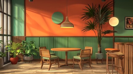 Fototapeta premium 3D rendering of an interior design featuring a wooden round table and chairs in a modern dining room with green and orange walls. This design could be suitable for a cafe, bar, or restaurant. 