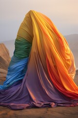 Rainbow flag draped, gentle folds, muted daylight, tranquil setting