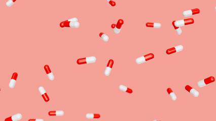Red white capsules fall against red backdrop. Drugs, pills, tablets, medicine concept. 3d render illustration