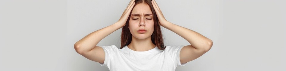 Fototapeta premium Girl Headache. Caucasian Woman in White T-Shirt Suffering from Headache, Emotion, Health Concept