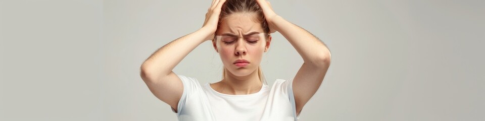 Fototapeta premium Girl Headache. Beautiful Caucasian Woman in White T-Shirt Expressing Health Emotion on Grey Background