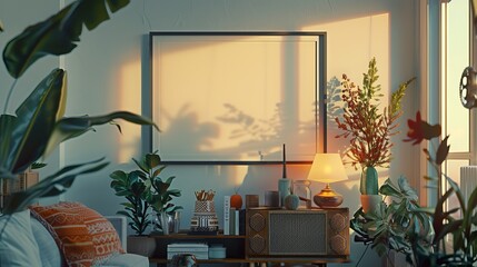 Fototapeta premium Close-up mockup frame in a home interior background with a Boho style ambiance. 3D render. 