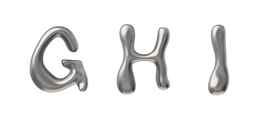 3D glossy silver capital letters G H I liquid metal surface, vector realistic chrome volume y2k font type melted steel