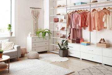 Modern wardrobe with stylish clothes and accessories