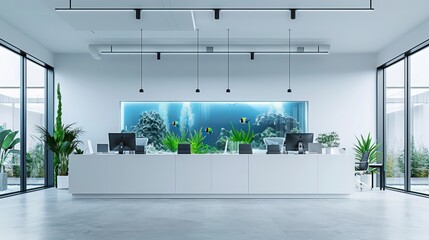 3D rendering mockup of a white open space office interior featuring an aquarium-like conference room and a row of computer desks along the wall. 
