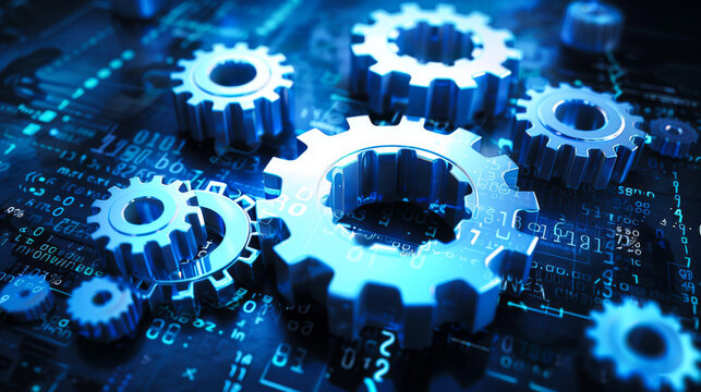 Glowing blue early sized gears on a dark background with a digital binary code pattern with numbers and lines. Digital technology concept. Data processing.