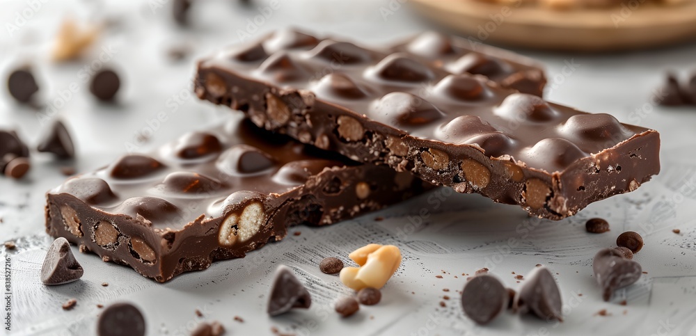 Poster close up of two pieces of chocolate with nuts on a table