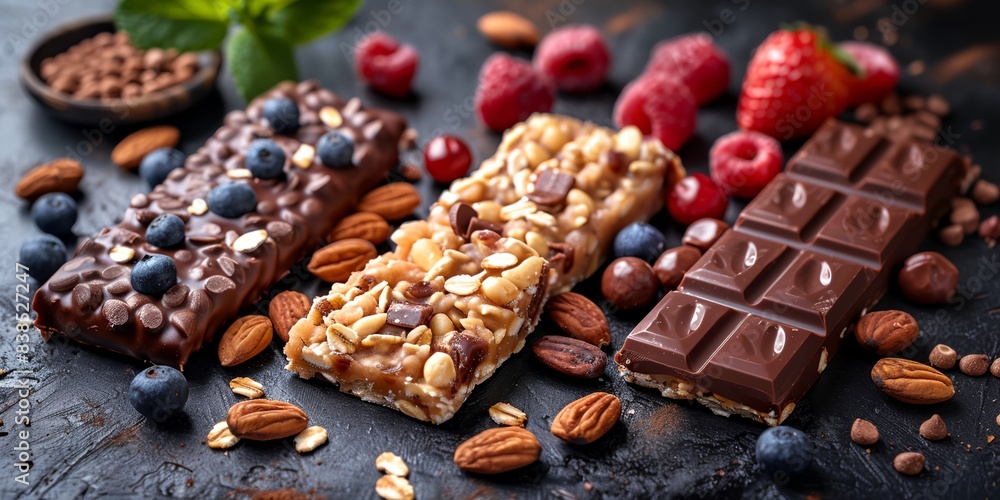 Poster close up of a bar of chocolate with nuts and berries on a table