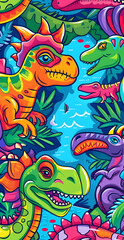 Fototapeta premium A colorful drawing of various dinosaurs, including a green T-Rex