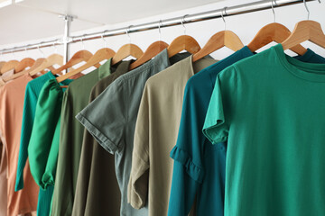Rack with green clothes on white background