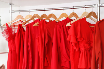 Rack with red clothes on white background