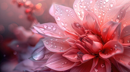 Fototapeta premium Close-up blooming pink flowers with transparent crystal petals and fresh dew feel the loyalty and purity of love