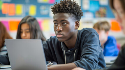 Fototapeta premium Portrait of a young teenager with a laptop sitting at a table in a full classroom. Happy male student studying using a laptop computer. Education concept.