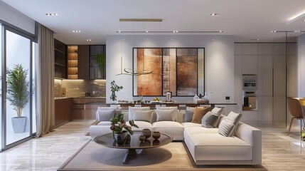 Mockup of a poster frame on the wall in a living room that integrates with a kitchen and dining room setup. The background is a luxurious apartment with contemporary design elements. 